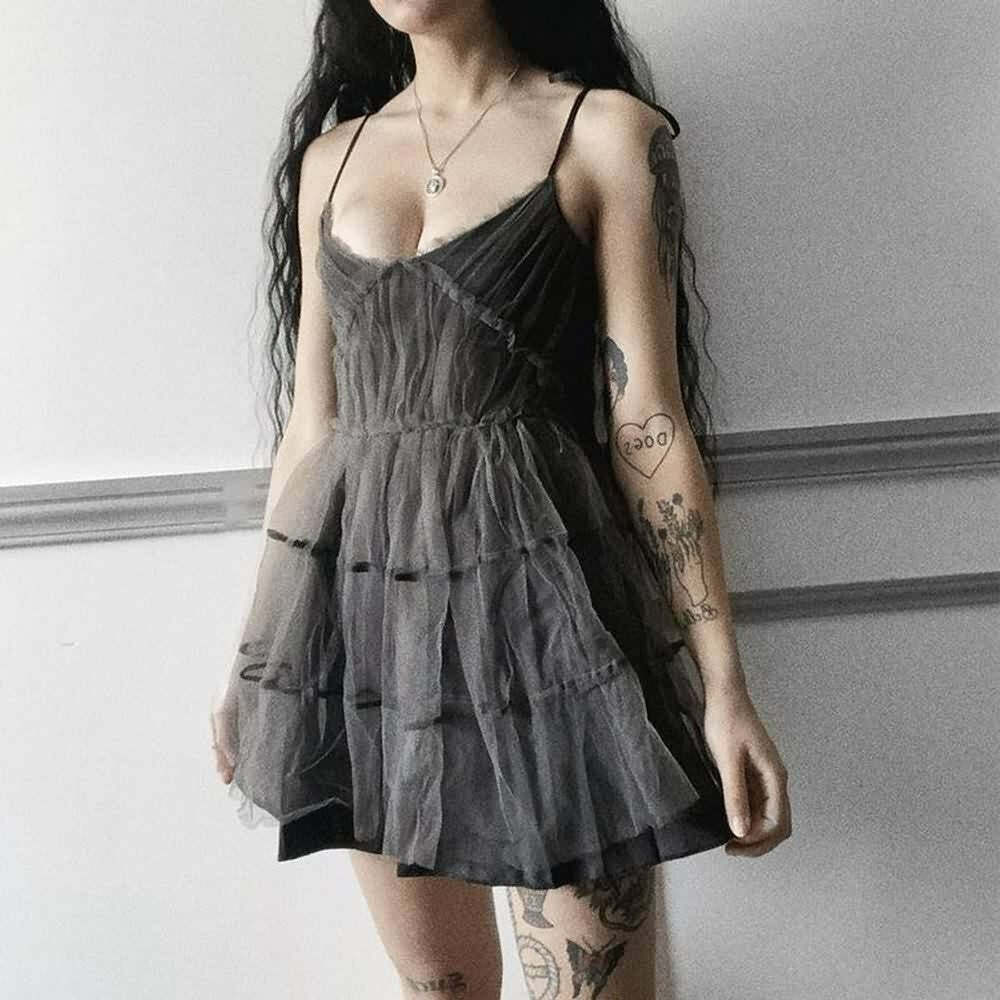Y2K Gray Goth Grunge Mesh Overlay Mini Dress - 90s Fashion, Summer Outfits, Retro Style