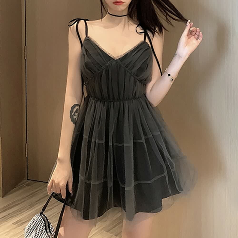 Y2K Gray Goth Grunge Mesh Overlay Mini Dress - 90s Fashion, Summer Outfits, Retro Style