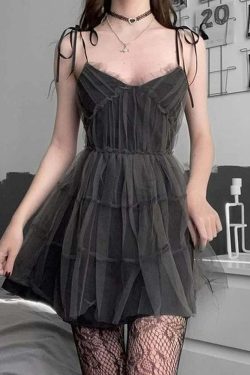 Y2K Gray Goth Grunge Mesh Overlay Mini Dress - 90s Fashion, Summer Outfits, Retro Style