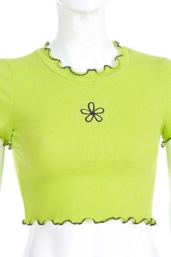 Y2K Green Flower Crop Top - 90s Grunge, Retro Summer, Pastel Goth, Y2K Party Outfit