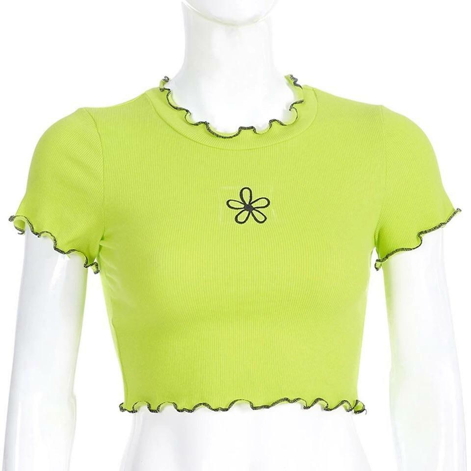 Y2K Green Flower Crop Top - 90s Grunge, Retro Summer, Pastel Goth, Y2K Party Outfit