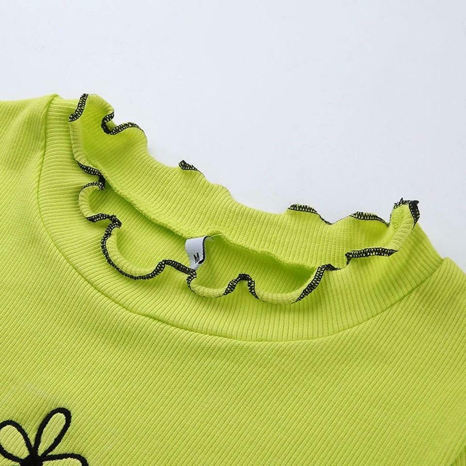 Y2K Green Flower Crop Top - 90s Grunge, Retro Summer, Pastel Goth, Y2K Party Outfit