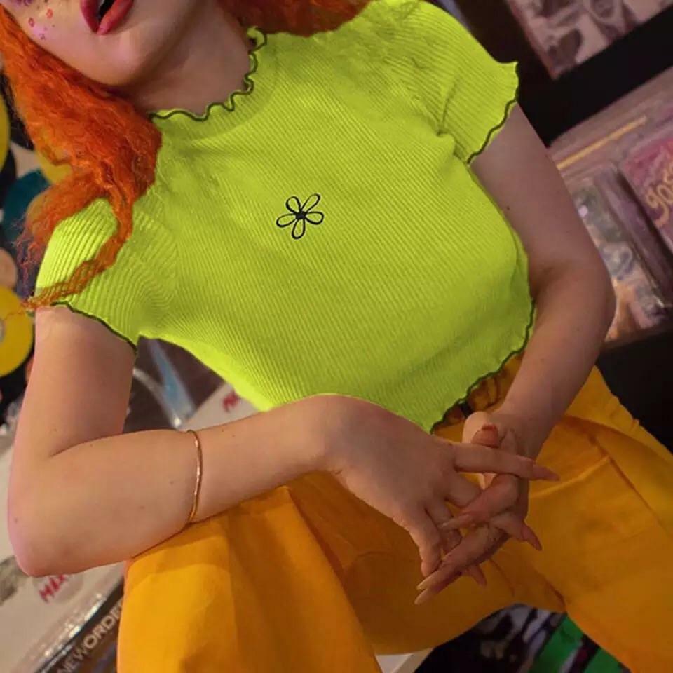 Y2K Green Flower Crop Top - 90s Grunge, Retro Summer, Pastel Goth, Y2K Party Outfit