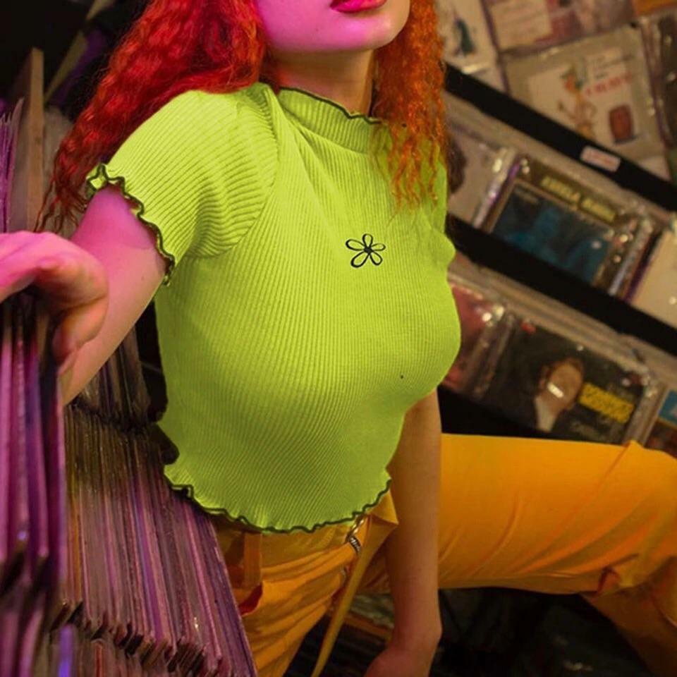 Y2K Green Flower Crop Top - 90s Grunge, Retro Summer, Pastel Goth, Y2K Party Outfit