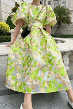 Y2K Green O-Neck Embroidered Tulle Maxi Dress - Retro 90s Grunge Summer Party Outfit