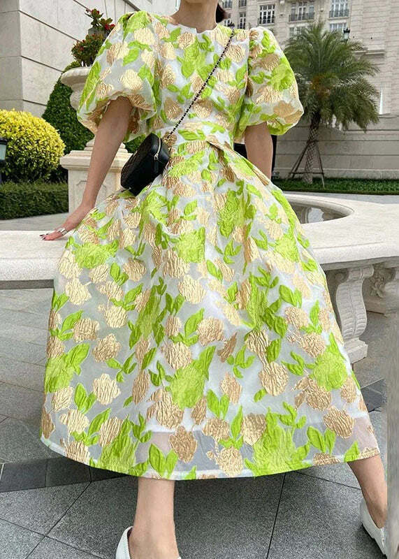 Y2K Green O-Neck Embroidered Tulle Maxi Dress - Retro 90s Grunge Summer Party Outfit