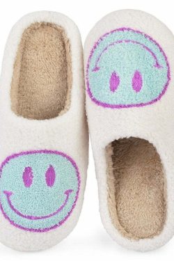 Y2K Grunge & 90s Fashion Smiley Face Slippers - Retro Summer Outfits & Pastel Goth Style