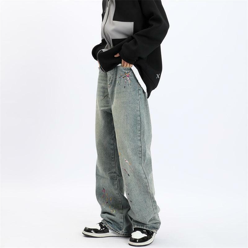 Y2K Grunge 'Splattered' Washed Denim Jeans - Retro 90s Fashion, Summer Y2K Outfits