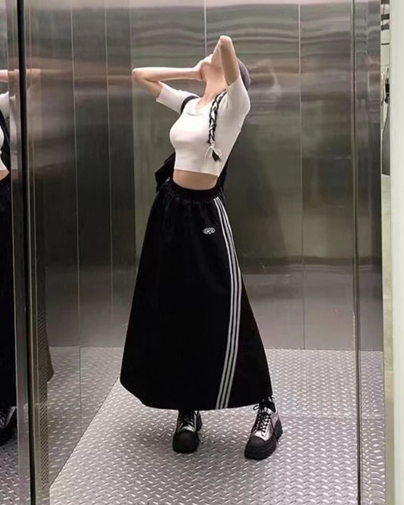 Y2K Grunge 3 Stripes Maxi Skirt - Retro 90s Fashion, Summer Y2K Outfits, Gothic Y2K