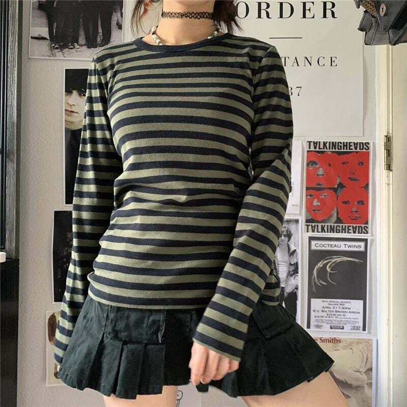 Y2K Grunge Aesthetic Green Striped Long Sleeve T-Shirt - Retro 90s Summer Outfit