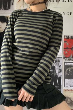 Y2K Grunge Aesthetic Green Striped Long Sleeve T-Shirt - Retro 90s Summer Outfit