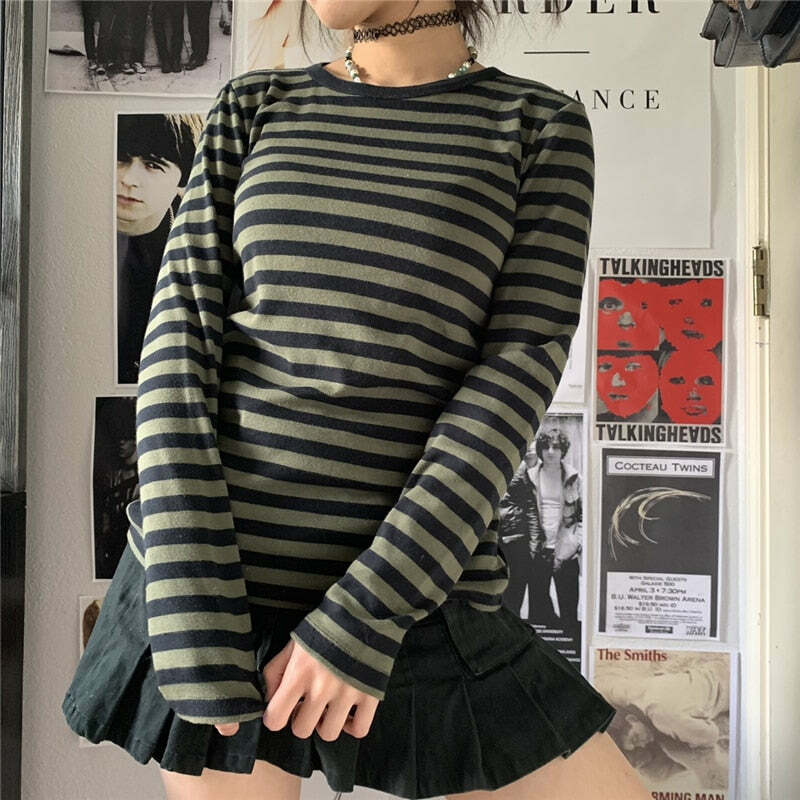 Y2K Grunge Aesthetic Green Striped Long Sleeve T-Shirt - Retro 90s Summer Outfit