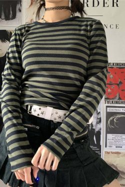 Y2K Grunge Aesthetic Green Striped Long Sleeve T-Shirt - Retro 90s Summer Outfit