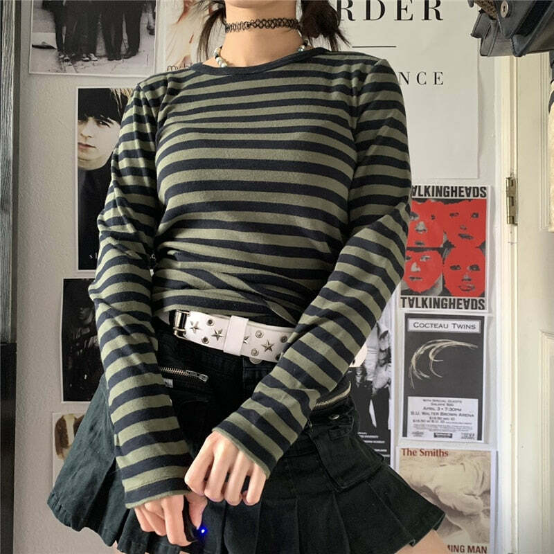 Y2K Grunge Aesthetic Green Striped Long Sleeve T-Shirt - Retro 90s Summer Outfit