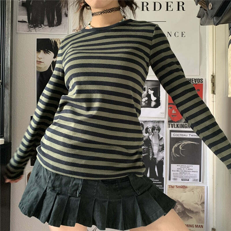 Y2K Grunge Aesthetic Green Striped Long Sleeve T-Shirt - Retro 90s Summer Outfit
