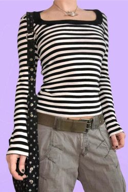 Y2K Grunge Aesthetic Striped Long Sleeve T-Shirt - 90s Retro Summer Outfit for Women