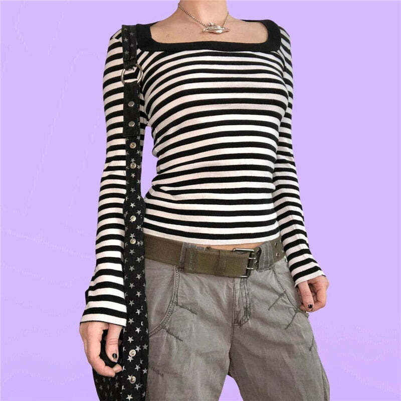 Y2K Grunge Aesthetic Striped Long Sleeve T-Shirt - 90s Retro Summer Outfit for Women