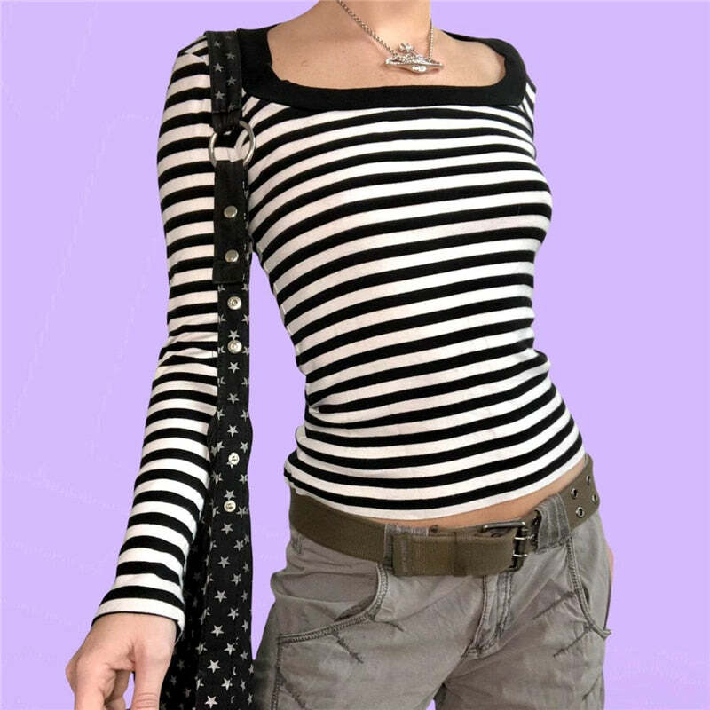 Y2K Grunge Aesthetic Striped Long Sleeve T-Shirt - 90s Retro Summer Outfit for Women