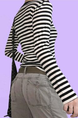 Y2K Grunge Aesthetic Striped Long Sleeve T-Shirt - 90s Retro Summer Outfit for Women