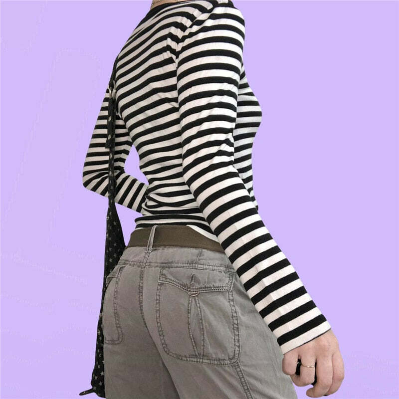 Y2K Grunge Aesthetic Striped Long Sleeve T-Shirt - 90s Retro Summer Outfit for Women