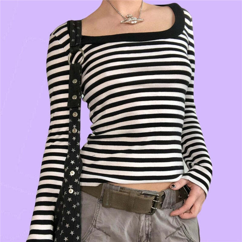 Y2K Grunge Aesthetic Striped Long Sleeve T-Shirt - 90s Retro Summer Outfit for Women
