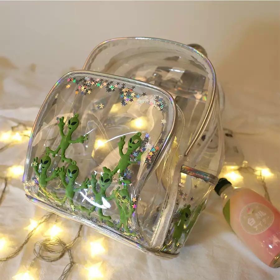 Y2K Grunge Alien Invasion Transparent Backpack - Perfect for 90s and Y2K Summer Outfits