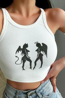 Y2K Grunge Angel & Devil Girls Crop Top - 90s Retro Summer Outfit, Y2K Party Fashion