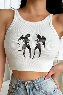 Y2K Grunge Angel & Devil Girls Crop Top - 90s Retro Summer Outfit, Y2K Party Fashion