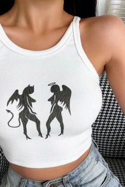Y2K Grunge Angel & Devil Girls Crop Top - 90s Retro Summer Outfit, Y2K Party Fashion