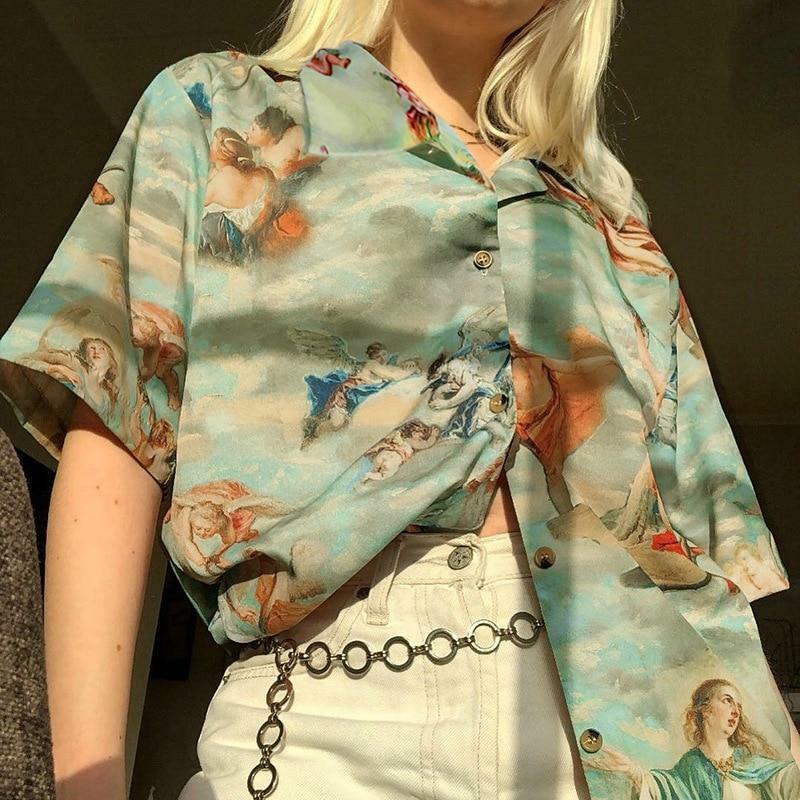 Y2K Grunge Angel Button Up Shirt - 90s Fashion, Retro Style, Y2K Summer & Party Outfits