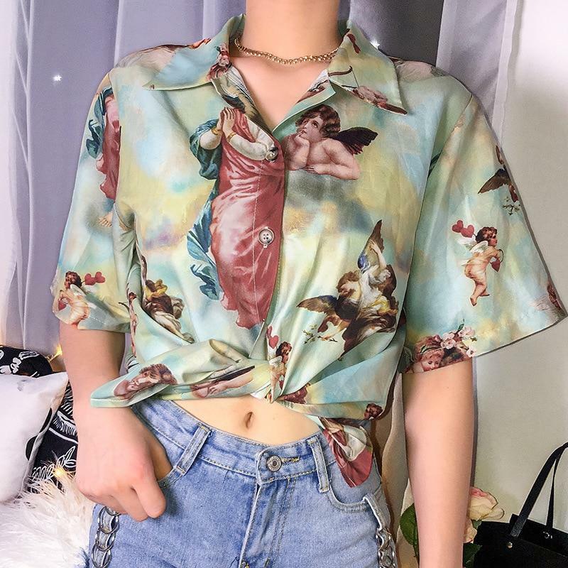 Y2K Grunge Angel Button Up Shirt - 90s Fashion, Retro Style, Y2K Summer & Party Outfits