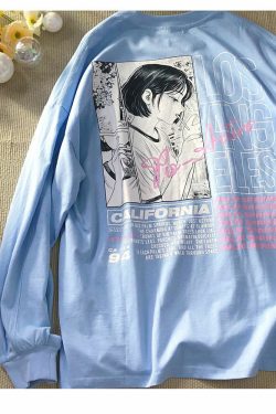 Y2K Grunge Anime eGirl Printed Sweatshirt - Retro 90s Fashion, Summer Y2K Outfits, Pastel Goth