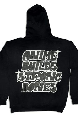 Y2K Grunge Anime Puff Print Hoodie (Black) - Retro 90s Fashion, Summer Y2K Outfits