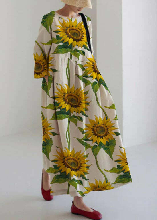 Y2K Grunge Apricot-Print Cotton Dress with Pockets - Retro 90s Summer Outfit