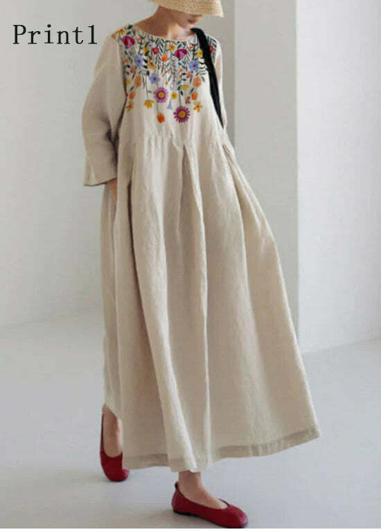 Y2K Grunge Apricot-Print Cotton Dress with Pockets - Retro 90s Summer Outfit