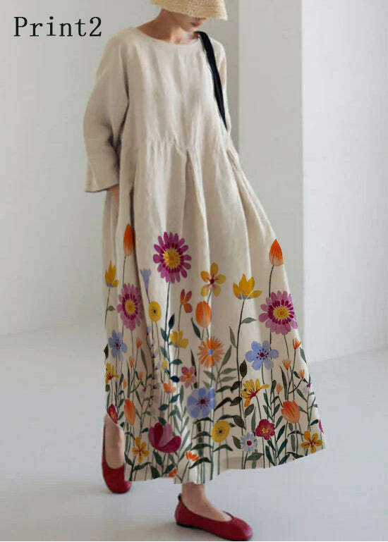 Y2K Grunge Apricot-Print Cotton Dress with Pockets - Retro 90s Summer Outfit