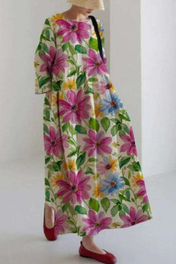Y2K Grunge Apricot-Print Cotton Dress with Pockets - Retro 90s Summer Outfit