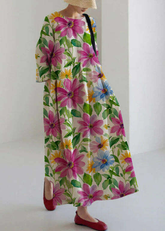 Y2K Grunge Apricot-Print Cotton Dress with Pockets - Retro 90s Summer Outfit