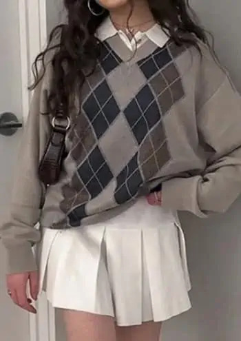 Y2K Grunge Argyle Brown Sweater - Retro 90s Fashion, Summer Outfits, and Pastel Goth Style