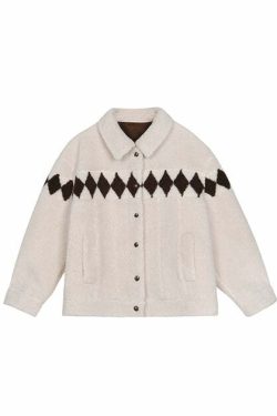 Y2K Grunge Argyle Fleece Coat - Retro 90s Fashion, Pastel Goth, Summer Y2K Outfits