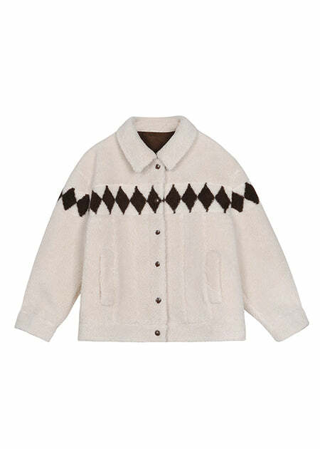 Y2K Grunge Argyle Fleece Coat - Retro 90s Fashion, Pastel Goth, Summer Y2K Outfits