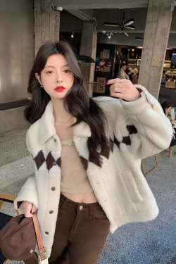 Y2K Grunge Argyle Fleece Coat - Retro 90s Fashion, Pastel Goth, Summer Y2K Outfits