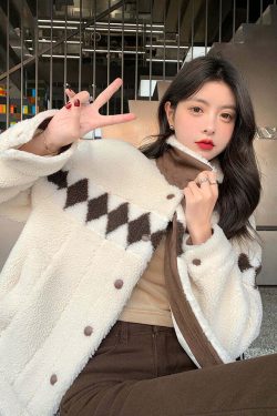 Y2K Grunge Argyle Fleece Coat - Retro 90s Fashion, Pastel Goth, Summer Y2K Outfits