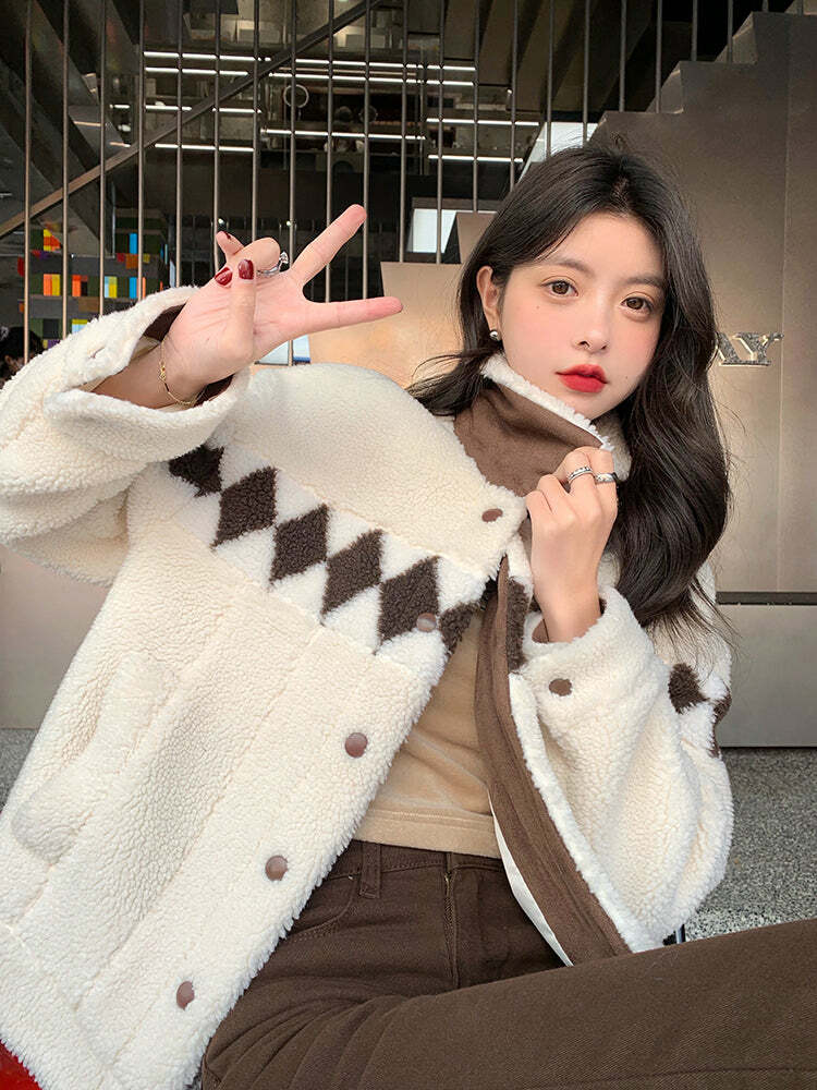 Y2K Grunge Argyle Fleece Coat - Retro 90s Fashion, Pastel Goth, Summer Y2K Outfits