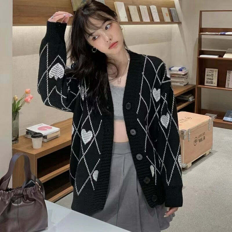 Y2K Grunge Argyle Heart Knitted Cardigan - Retro 90s Summer Outfit, Pastel Goth Style