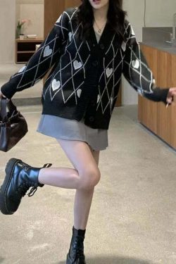 Y2K Grunge Argyle Heart Knitted Cardigan - Retro 90s Summer Outfit, Pastel Goth Style