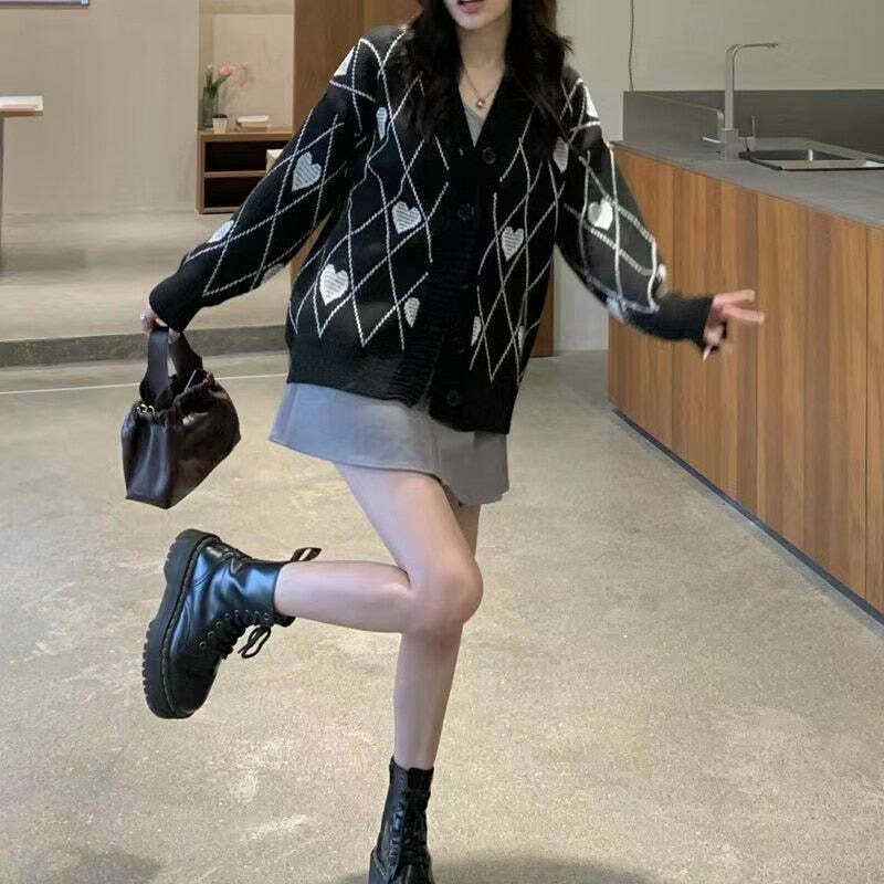Y2K Grunge Argyle Heart Knitted Cardigan - Retro 90s Summer Outfit, Pastel Goth Style