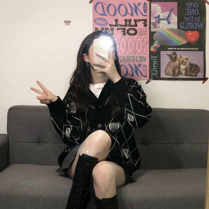 Y2K Grunge Argyle Heart Knitted Cardigan - Retro 90s Summer Outfit, Pastel Goth Style