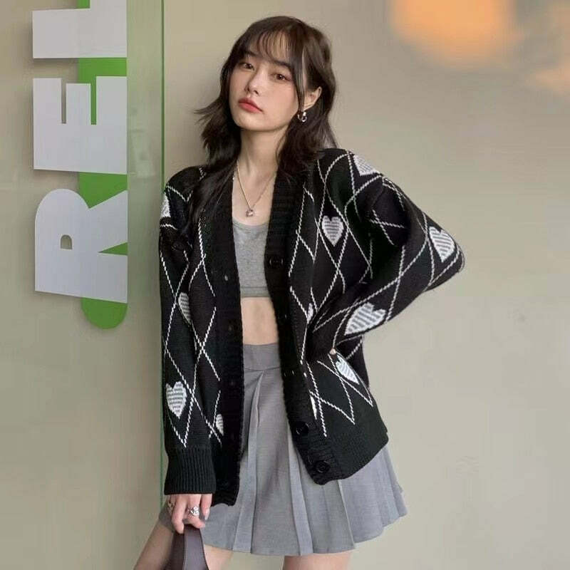 Y2K Grunge Argyle Heart Knitted Cardigan - Retro 90s Summer Outfit, Pastel Goth Style