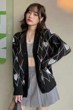 Y2K Grunge Argyle Heart Knitted Cardigan - Retro 90s Summer Outfit, Pastel Goth Style